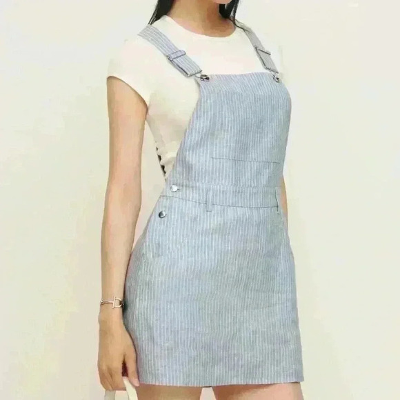 Reformation Darcie Linen Dress overalls, pinafore bib cornflower stripe size 12 - Picture 1 of 9